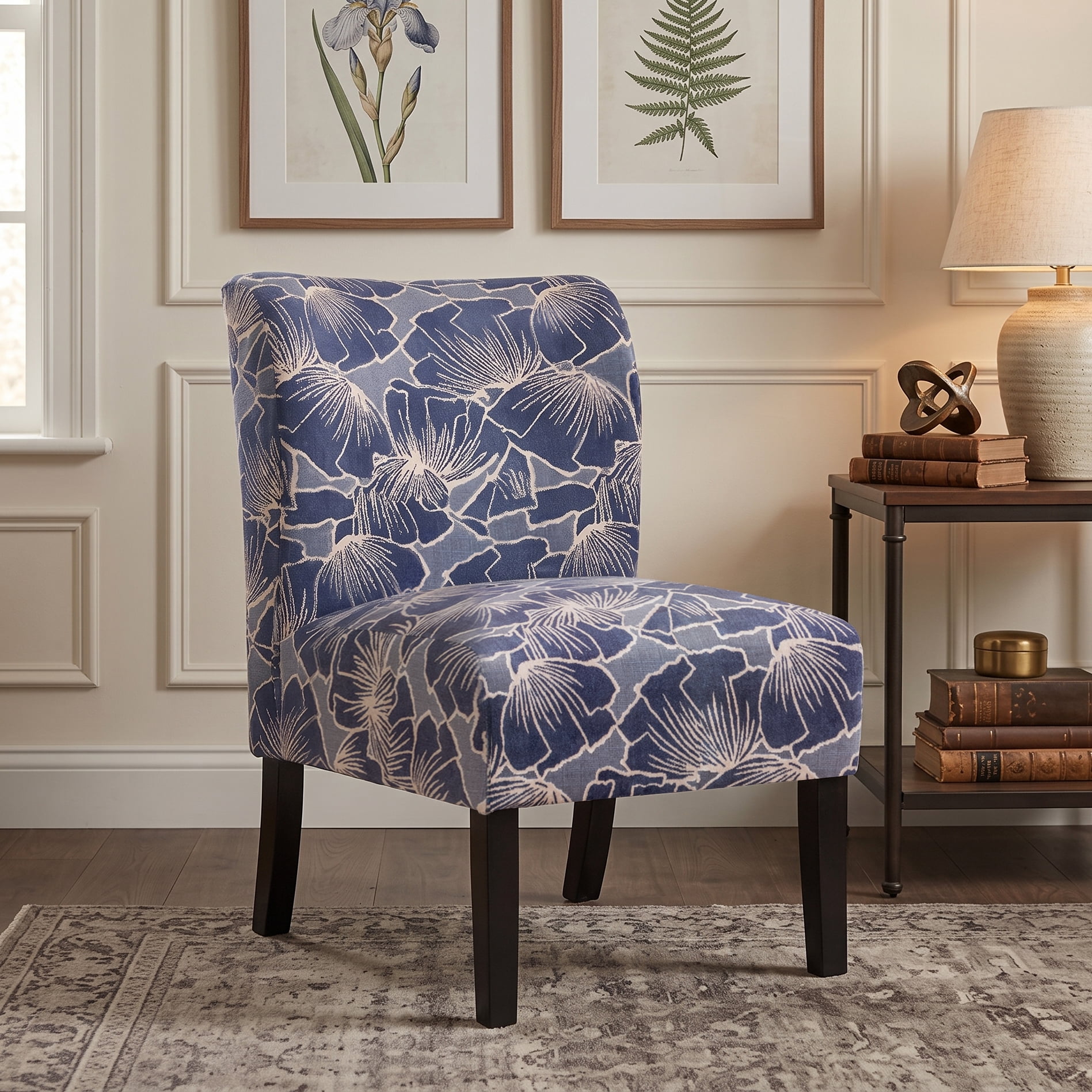 Roundhill Furniture Capa Print Fabric Armless Contemporary Accent Chair, Indigo Botanical Floral