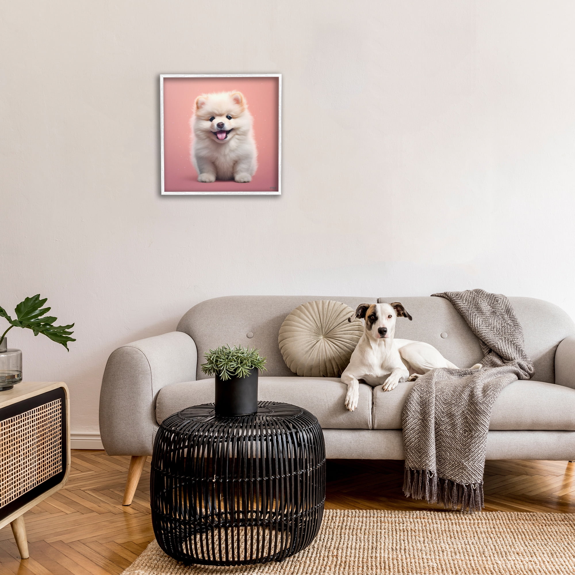 Stupell Industries Fluffy Puppy on Pink Animals & Insects Painting White Framed Art Print Wall Art, 24 x 24