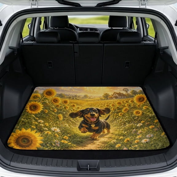 COEQINE Universal Car Trunk Mat All Weather Cargo Liner Floor Mat with Non-Slip Backing Scratch-proof Pet Cargo Mat Suitable for Most Car Models, Cute Dachshund Dog Sunflower