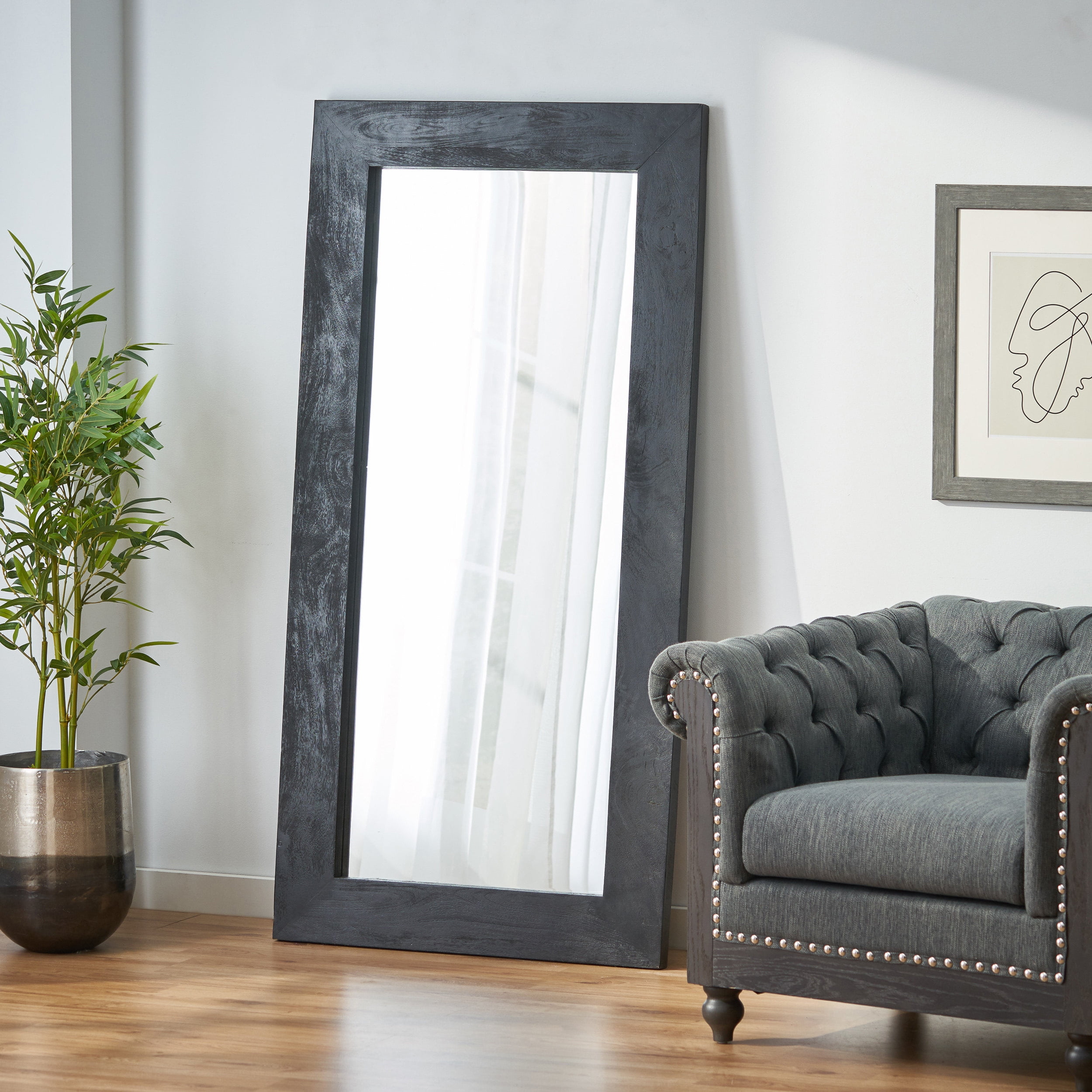 Noble House Froid Rustic Handcrafted Mango Wood Full Length Standing Mirror, Black and Brown