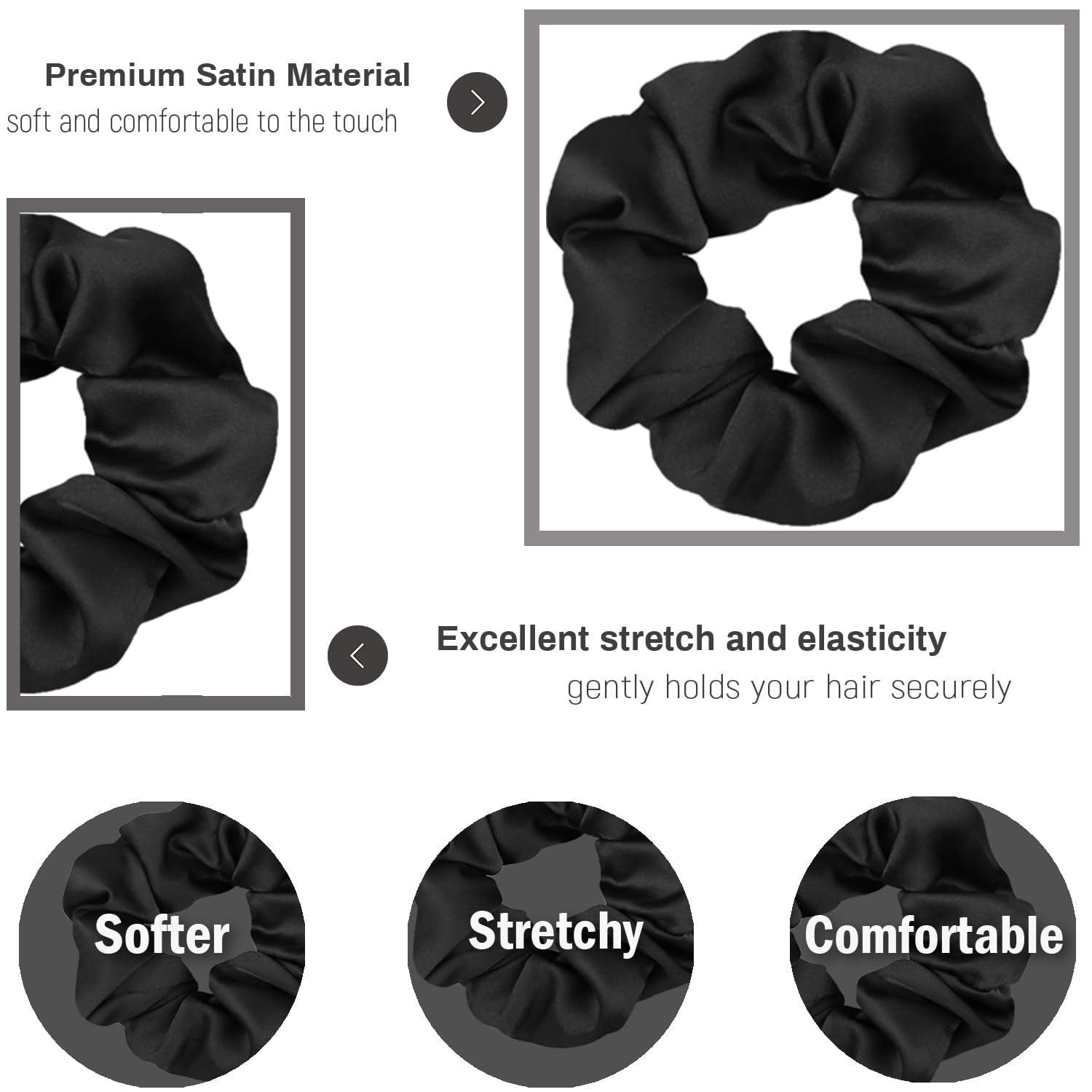 -Satin Scrunchies for Women, Soft Than Silk for Hair, Fashion Ties and Bands for Thin | Thick Hair Styling, 16 Pack (Black)