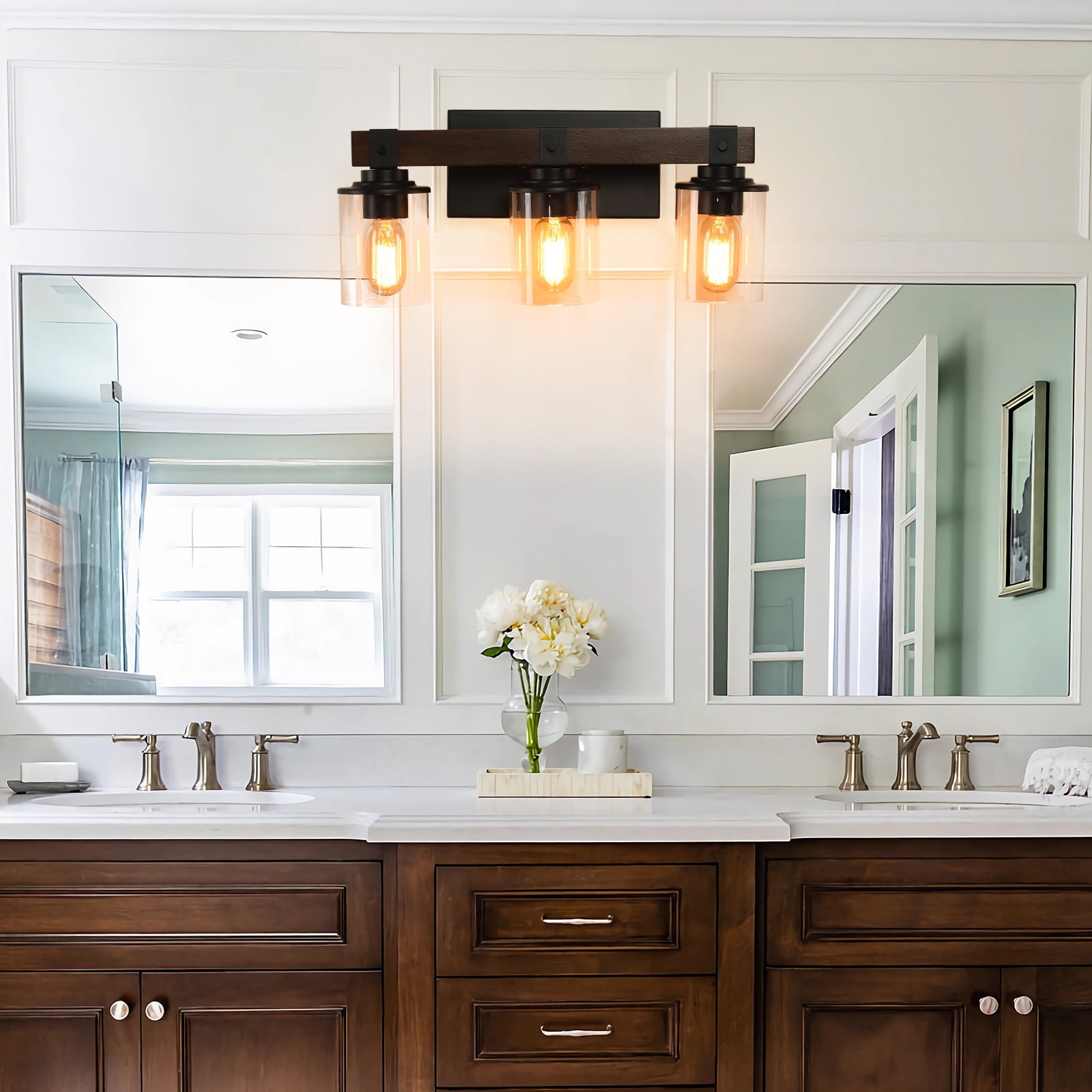 HomArltek Rustic Vanity Light, 19" 3-Light Wall Mount Lamp with Glass Shades, Farmhouse Wall Sconce with Wood Accent, Industrial Lighting Fixture for Bathroom Mirror Vanity Hallway, E26 Base