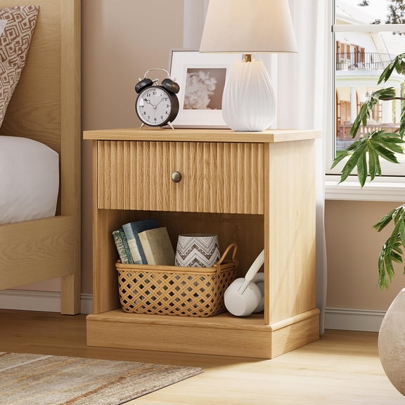 Fluted Nightstand with Drawer, Mid Century Modern Bedside Table with Open Shelf, Light Wood Nightstand with Storage, Space Saving Side Table with Curved Edge Base for Living Room Bedroom