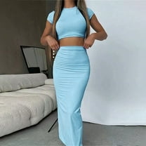 Sexy T-shirt Skirt Two Piece Set Women New Short Sleeve O-Neck Crop Top High Waist Skirt Solid Fashion Suit Streetwear Partywear