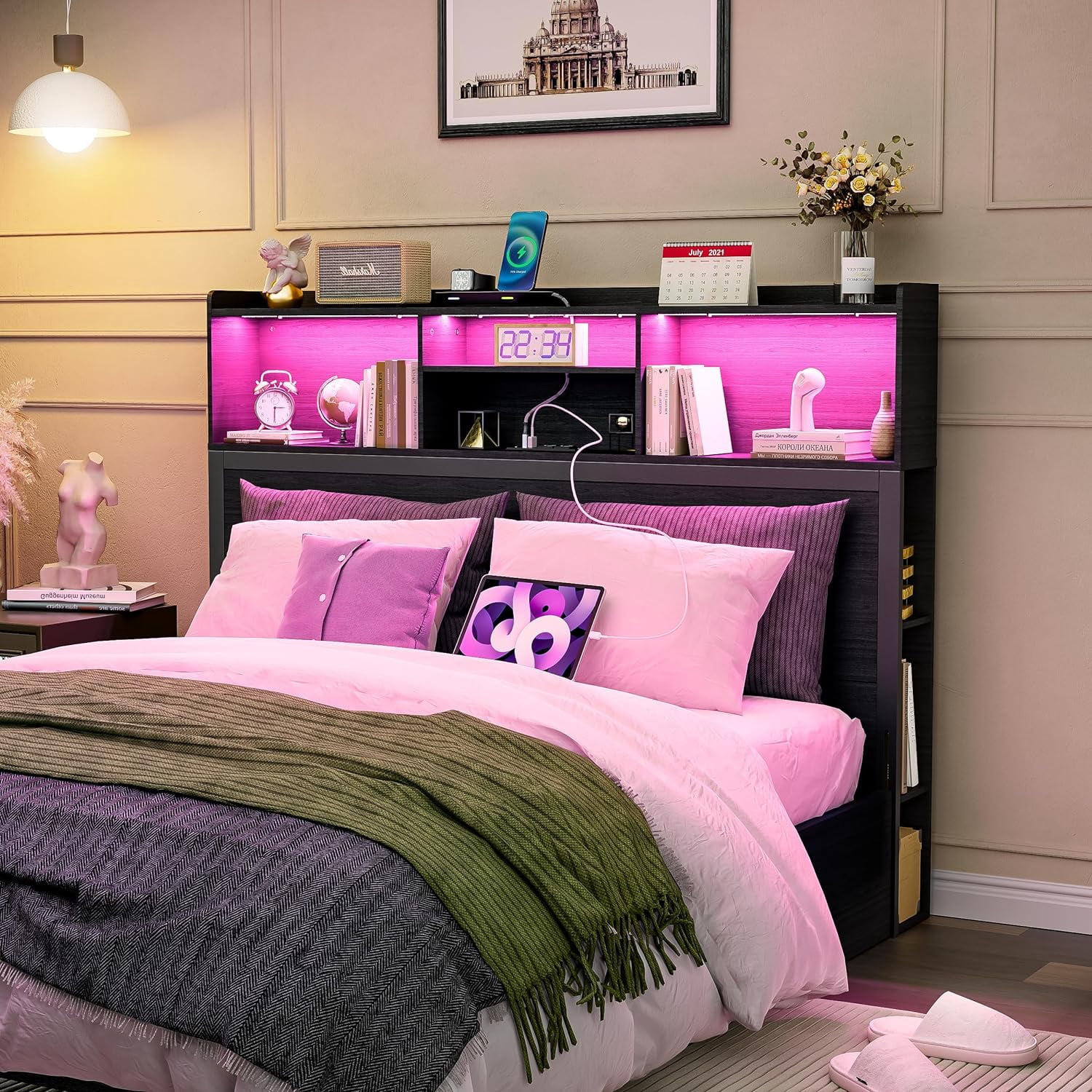 PAKASEPT Queen Size Storage Headboard, 62" Wide Headboard Only, Stylish Bookcase Headboard with Charging Station & LED Lights, Modern Wood Headboard, Noise-Free HeadBoard with Storage