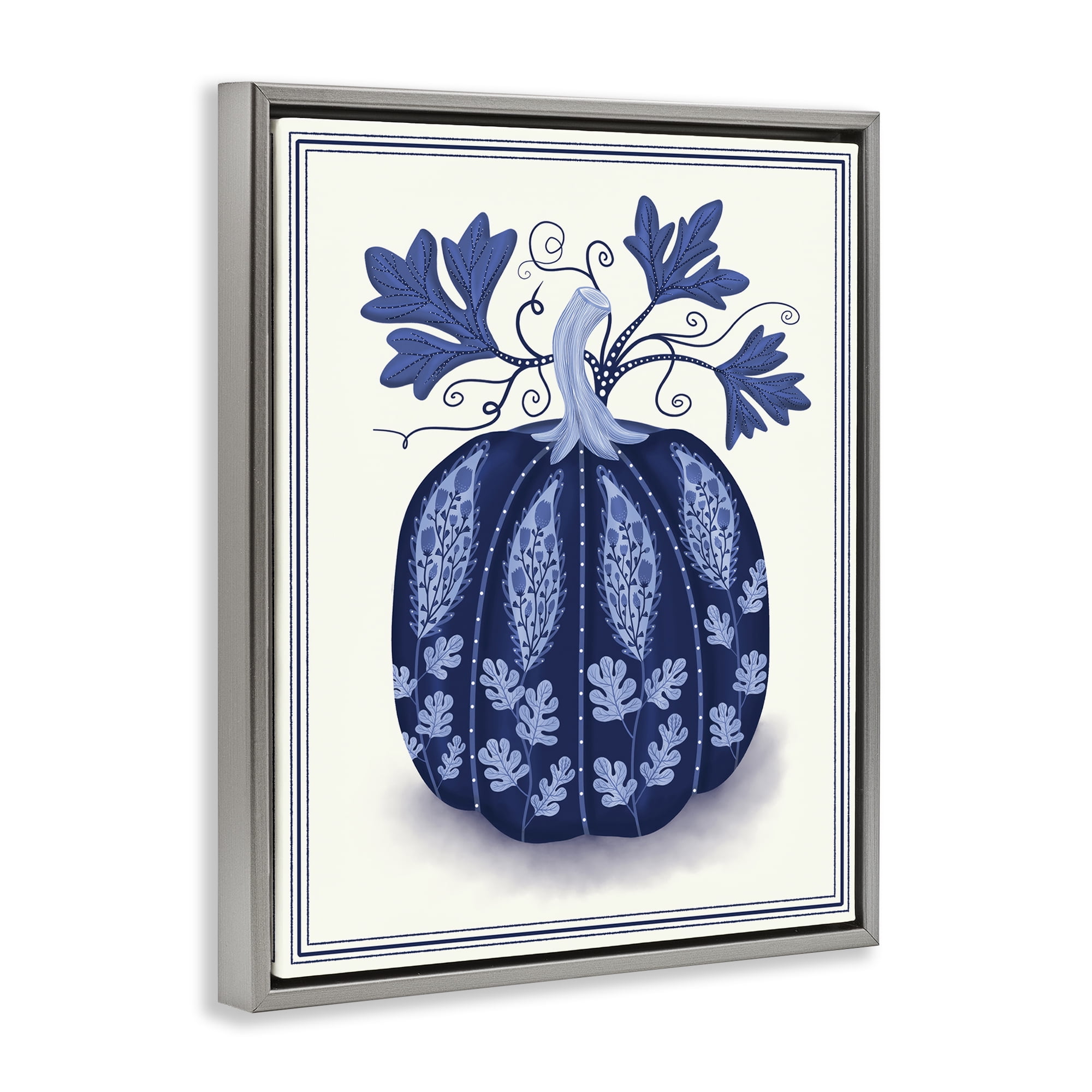 Stupell Industries Folk Pattern Fall Pumpkin Plants & Flowers Painting Gray Floater Framed Canvas Art Print Wall Art, 17 x 21