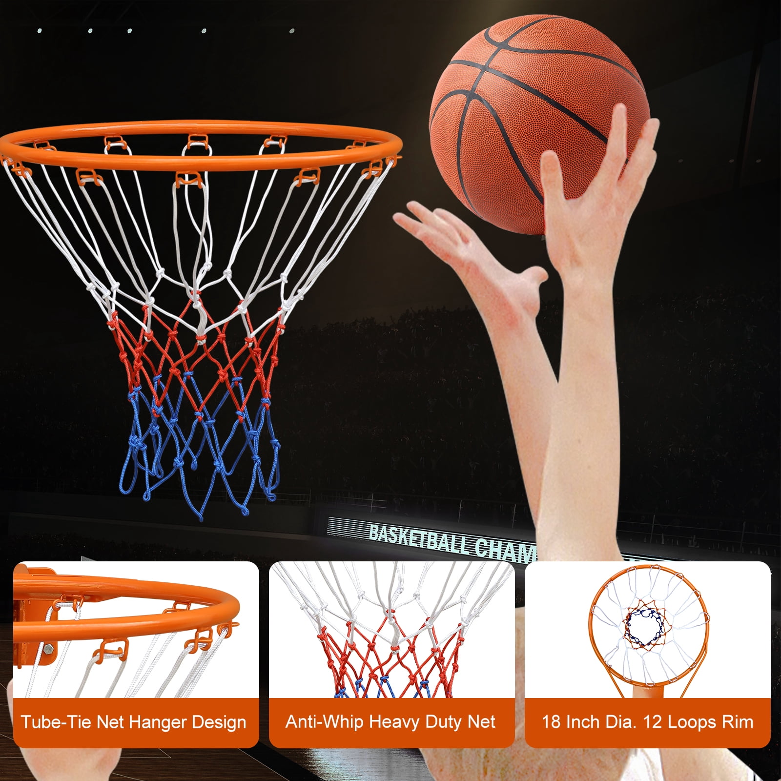 Basketball Double Spring Solid Rim, 18" Steel Basketball Rim for Indoor and Outdoor, Orange