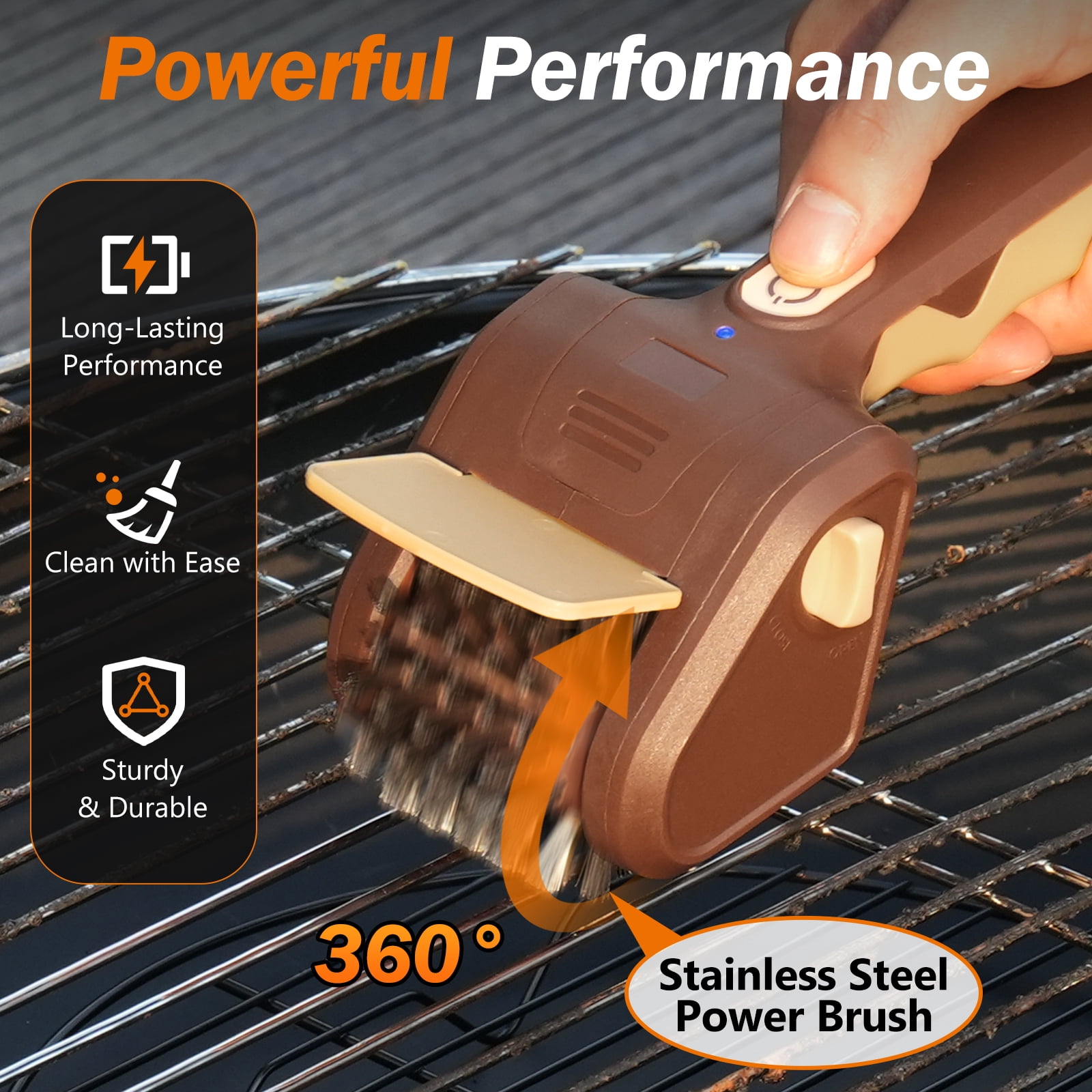 BBQ Grill Brush Cordless, 700 RPM Electric Grill Cleaner with Stainless Steel Brush, Rechargeable Outdoor Grill Cleaning Tool (Brown)