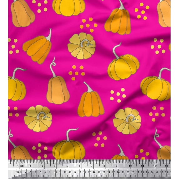Soimoi Pink Poly Georgette Fabric Pumpkin Vegetable Print Fabric by the Yard 42 Inch Wide