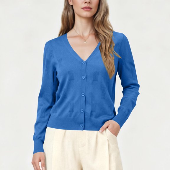 Yangnuo Women V-Neck Button Down Textured Knit Cardigan Long Sleeve Slim Fit Solid Color Cropped Open Front Sweater Jacket Casual Daily Layering Outerwear For Spring Autumn
