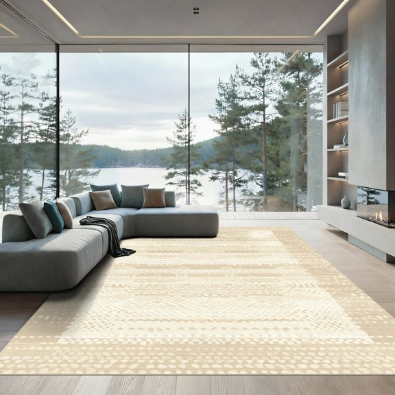 ODIKA 4'x6' Machine Washable Non-Slip Area Rug, Geometric Beige High Traffic Rug, Beige, 1076285