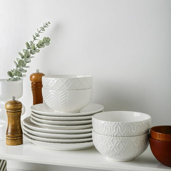 Sureasy 12-Piece Ceramic Dinnerware Set for 4 - Embossed Plates and Bowls Sets, Scratch Resistant Dish Set, Microwave, Oven & Dishwasher Safe, White