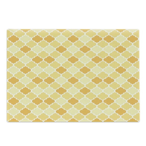 Quatrefoil Cutting Board, Age-Old Trellis Pattern in the Shades of Yellow Historical Eastern, Decorative Tempered Glass Cutting and Serving Board, Large Size, Marigold Mustard White, by Ambesonne