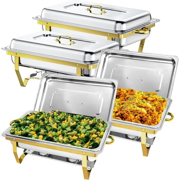 EVGTTI 8QT Chafing Dishes, 4 Pack Golden High Premium Stainless Steel Complete Set with Full Size Food Pan, Chafing Dish Buffet Set for Gatherings Banquet