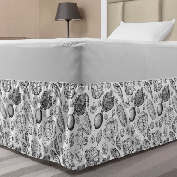 Vegetable Bed Skirt, Hand Drawn Beetroot Cabbage Cauliflower Broccoli Lettuce Healthy Living, Elastic Bedskirt Dust Ruffle Wrap Around for Bedding Decor, 4 Sizes, Charcoal Grey White, by Ambesonne
