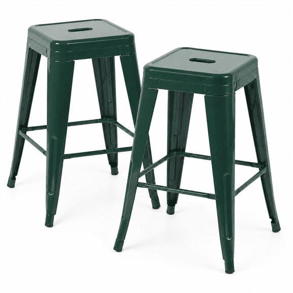 24 Inch Backless Metal Counter Stool Set of 2, Green, Stackable with Carry Hole and Footrest