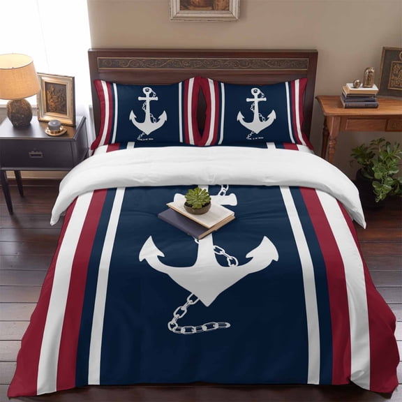 Queen Size Duvet Cover 4 Piece Bedding Set Nautical Anchor Navy Blue Bed Sheet Sets Soft Microfiber Comforter Cover with Flat Sheet 2 Pillow Shams