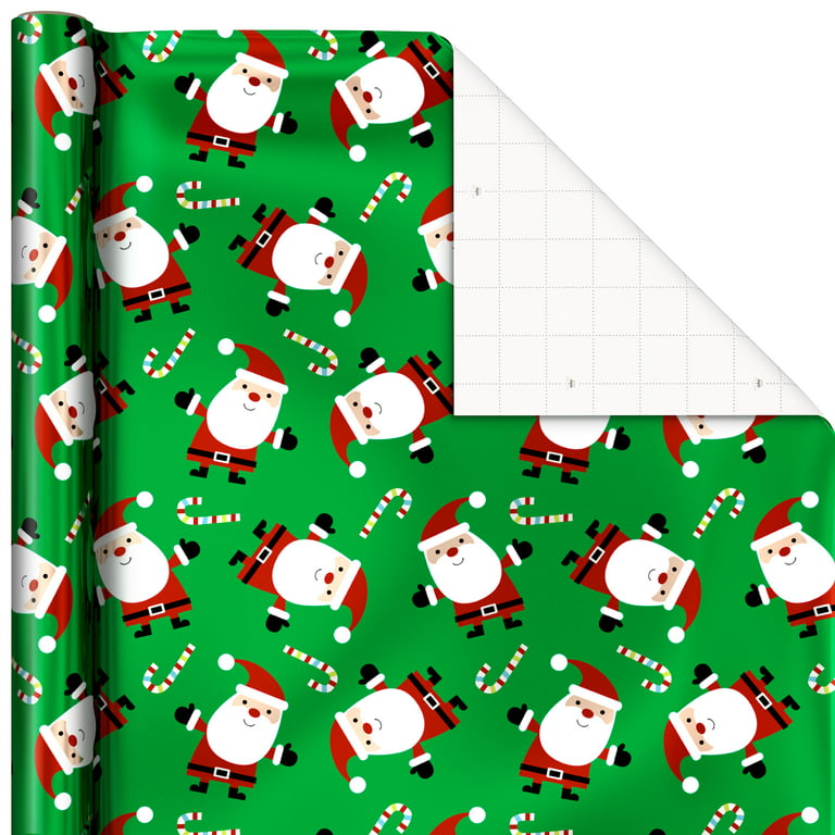 Hallmark Foil Christmas Wrapping Paper with Cut Lines on Reverse (3 Rolls:  60 sq. ft. ttl) Cute Santa, Colorful Candy Canes, Blue, Green, Red Stripes