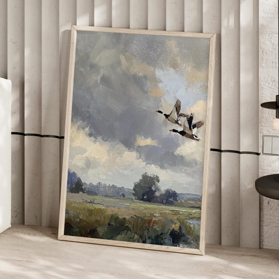 Flying Ducks Over River Wall Art, Vintage Countryside Farmhouse Decor, Stretched Canvas Size 16x24