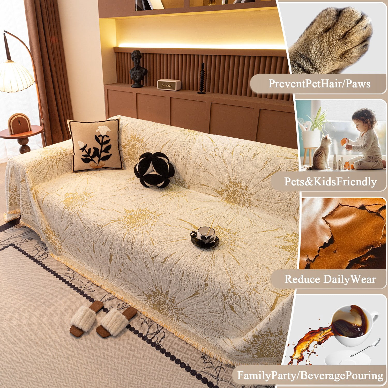 NAYOROOM Artistic Yellow White Sunflower Couch Cover, Chenille Sofa Cover Slipcover Sofa Towel Furniture Cover（71"x 118"）