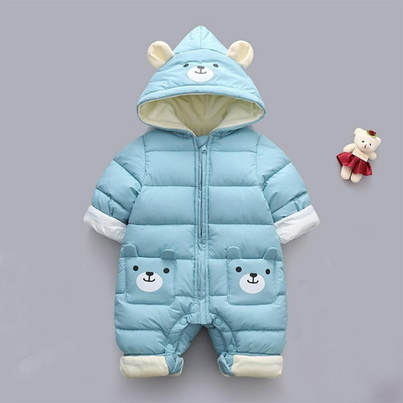 Baby Thick Winter Snowsuit with Cute Cartoon Print Hooded Waterproof Snow Wear Light Blue 0-3 Months