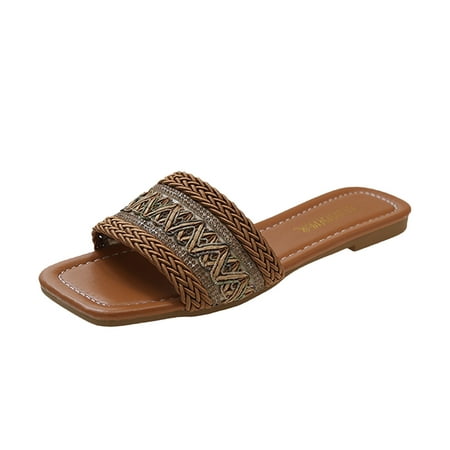 

TUOBARR Beach Slippers for Women Women s Square Head Comfortable Shoes Woven Slippers Casual Wear Beach Sandals Brown