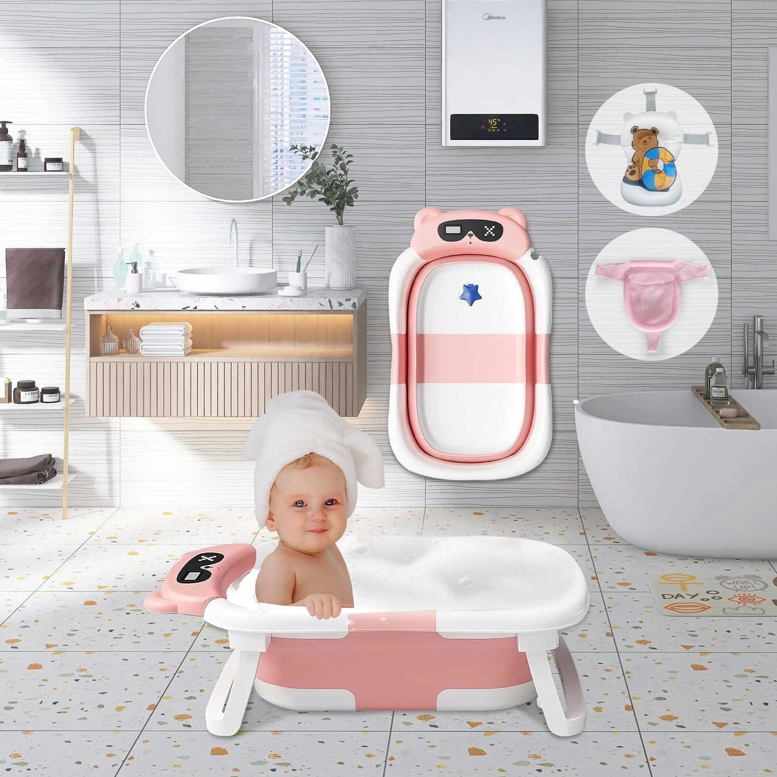 stusgo Collapsible Baby Bathtub, Plastic Baby Bath Tub with Soft Cushion & Thermometer（Pink）