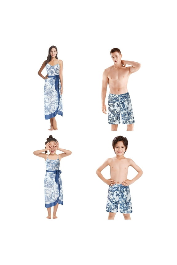 Family Matching Swimsuits, Mommy and Me Matching One Piece Swimsuit with Wrap Skirt, Daddy Son Matching Swim Trunks, Printed Bathing Suits Family Swimwear Matching Set