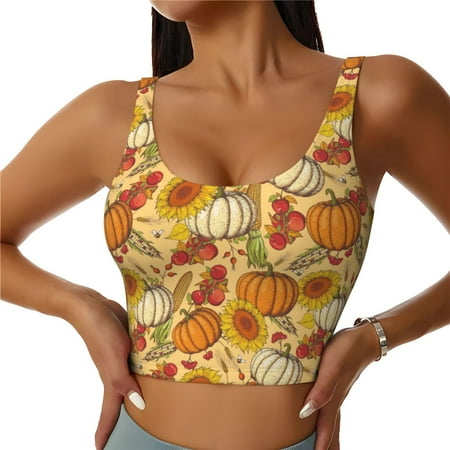 Jgfou Pumpkin And Sunflower Print Womens Sports Bra - Padded Workout Sports Bras Crop Tank Top