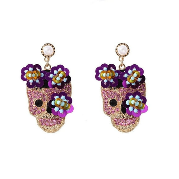 AOOOWER Elegant Skull Shaped Studs Earrings Cool Zircon Studded Skull Earrings Charm with Floral Accent for Youthful Style