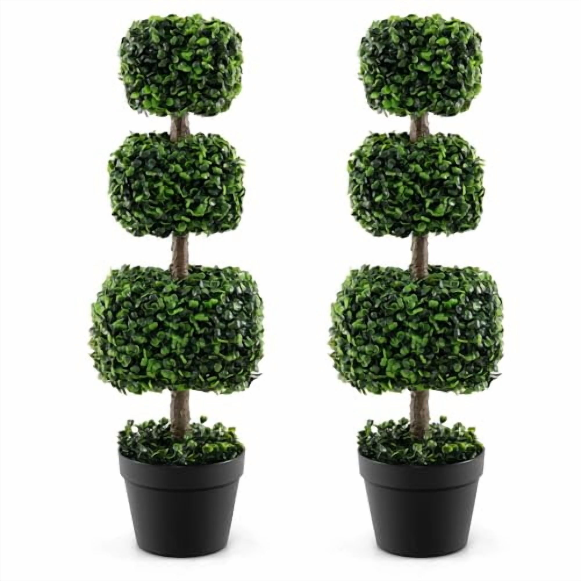 GOFLAME 35” Artificial Boxwood Topiary Tree, 2 Pack Faux Triple Square-Shaped Ball Tree with Cement-Filled Plastic Pot, UV Resistant Fake Shrubs Plant, Indoor Outdoor Potted Topiar