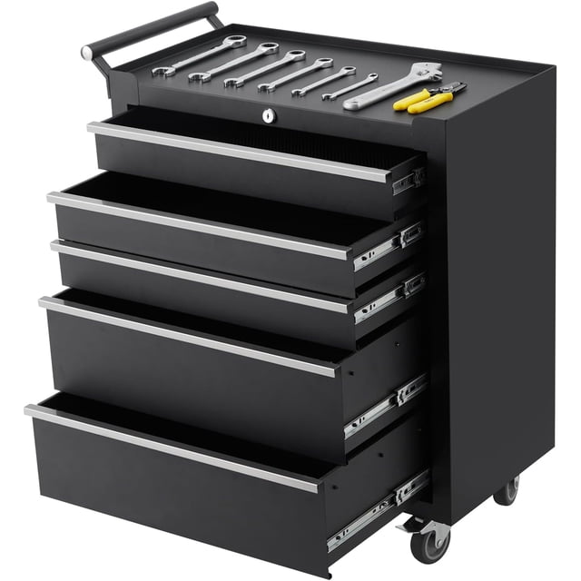 5-Drawer Rolling Tool Cabinet with Lock Sliding Drawers and Side Handle Mobile Tool Chest for Garage Workshop Warehouse Black