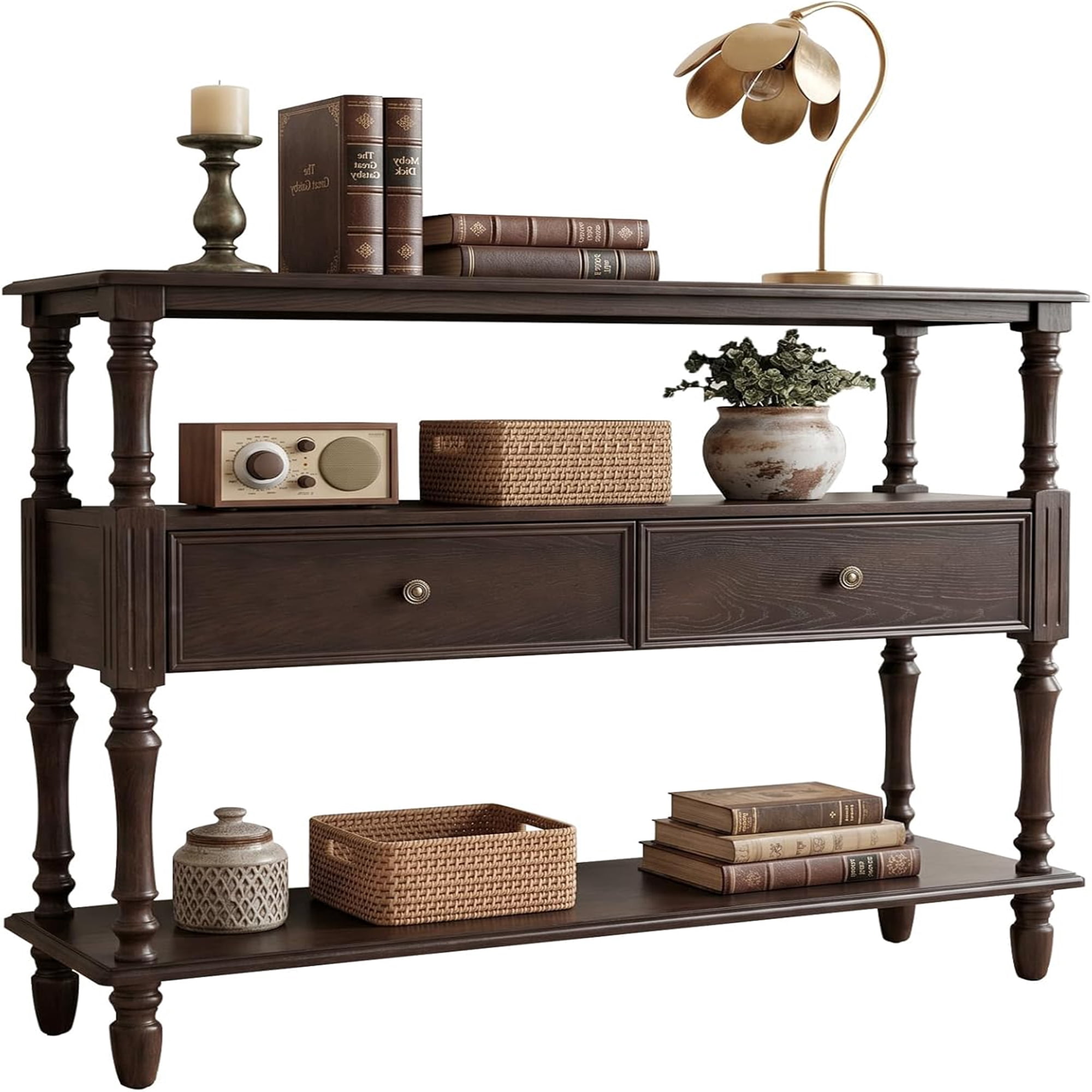 BFJDM Mid-Century Console Table with 2 Drawers and 3-Tier Open Shelves Solid Wood Veneer Rubber Wood Legs for Entryway Living Room Walnut