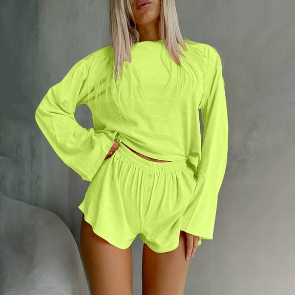 Women's 2 Piece Sets Oversized Pullover Sweatshirt and Shorts Long Sleeve Sports Suit for Women Solid Color Sweatsuits (Green L)