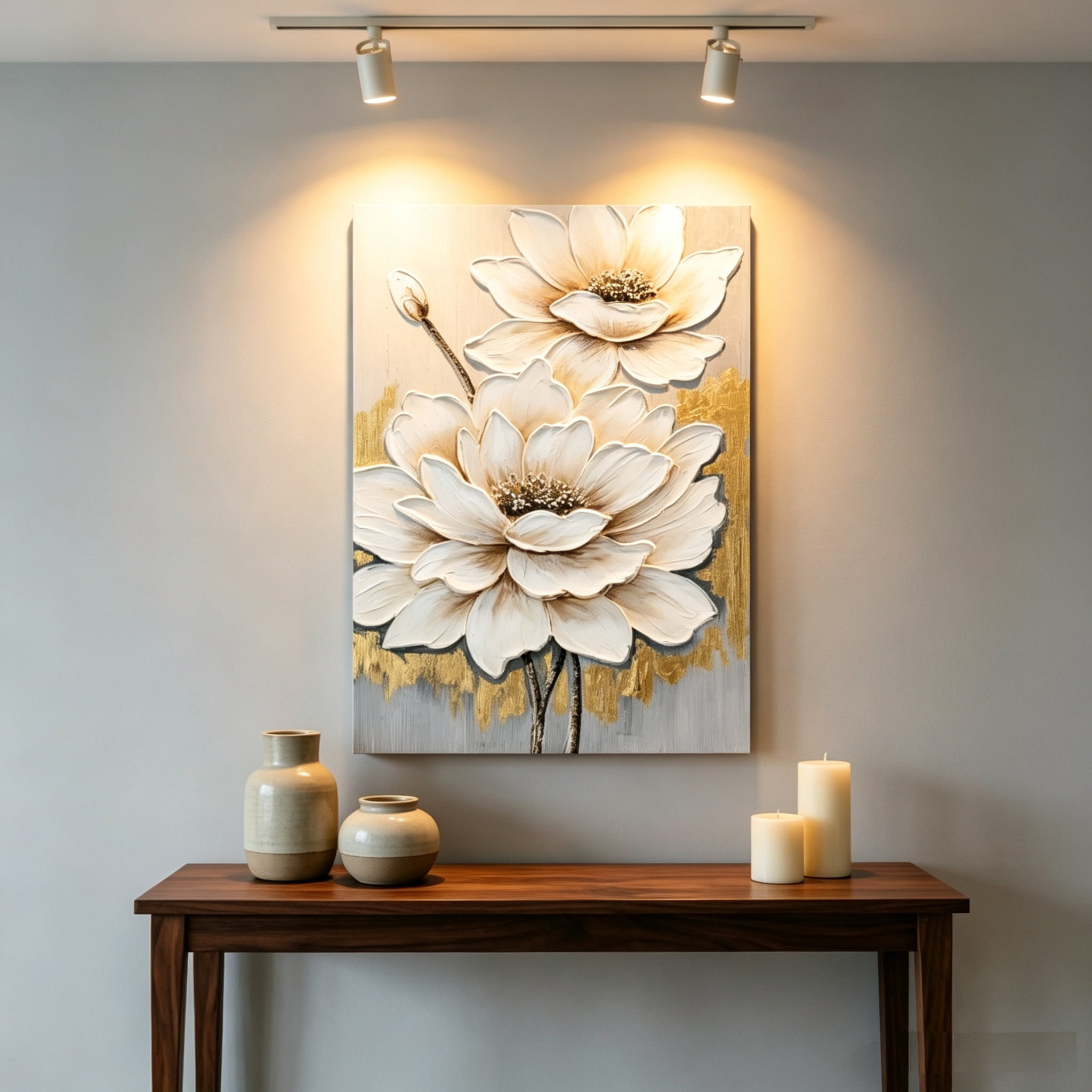 Euroco Framed Wall Art White Lotus Flower Texture Painting,Flower Canvas Wall Art Modern Grace Abstract Flowers Artwork with Neutral Decor for Living Room Bedroom,24x36in