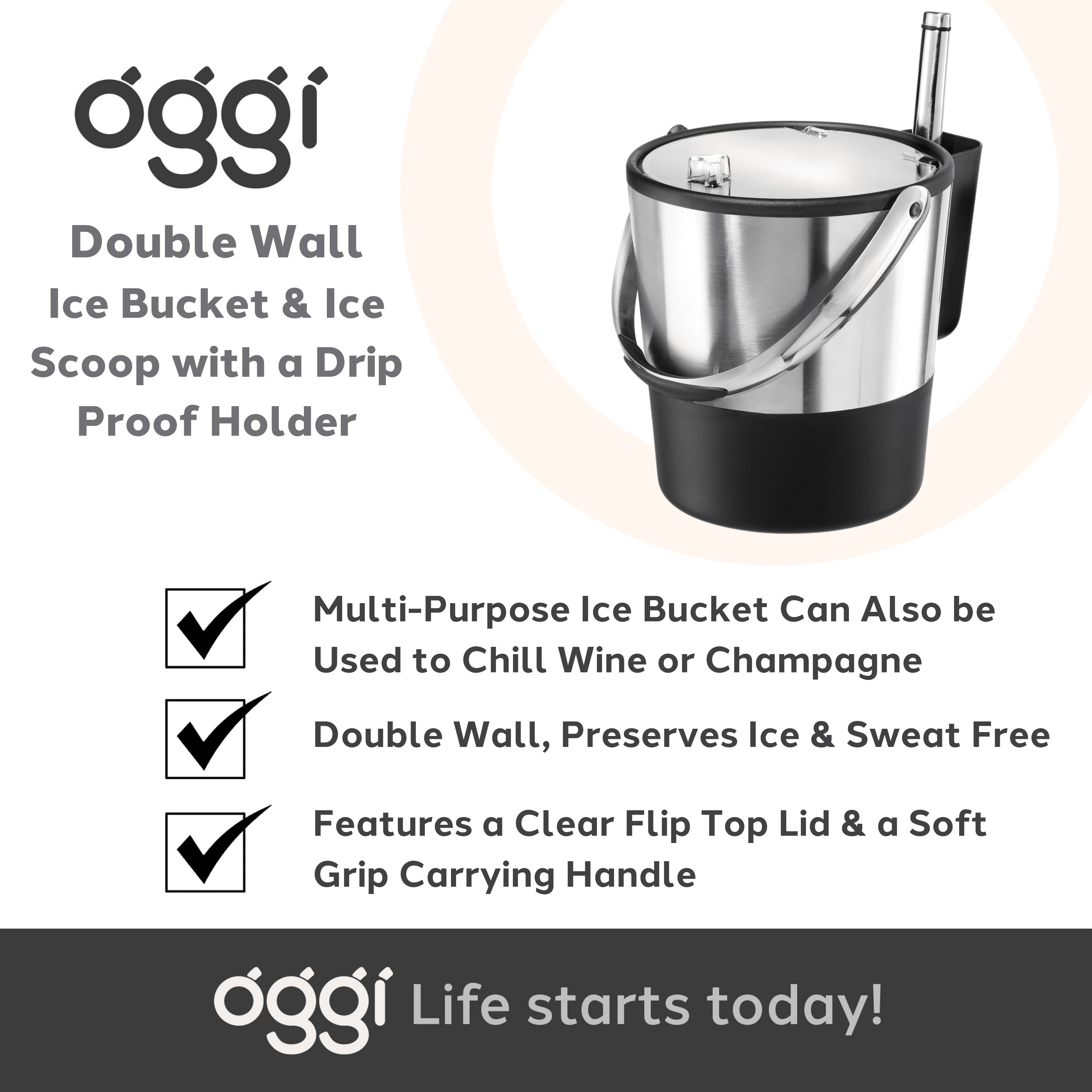 Oggi Ice Bucket with Flip Top and Ice Scoop, Large 4 Qt Capacity, Stainless Steel & Black Model