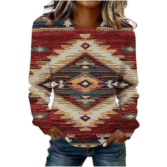 Women's Vintage Western Sweatshirt, Retro Printed Round Neck Top, Loose Fit Casual Long Sleeve Blouse, Fashion Pullover for Spring, Relaxed Daily Wear Top