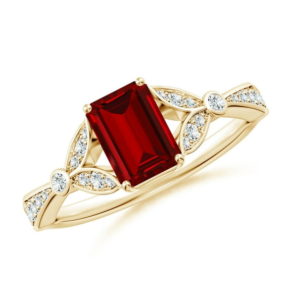 ANGARA Lab Grown 1 Ct Nature-Inspired Ruby Engagement Ring with Leaf Motifs for Women in 14K Yellow Gold (Size-7x5mm) | July Birthstone, Anniversary, Jewelry Gift for Women | Lab-Grown Ruby Ring