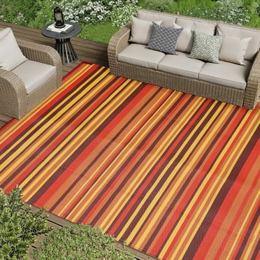 BERTHMEER 5'x8' Plastic Straw Outdoor Rugs，Reversible Waterproof Patio Carpets for Deck，Camping，Beach，Picnic，RV，Backyard，Porch，Garden and Balcony，Stripes，Red Orange