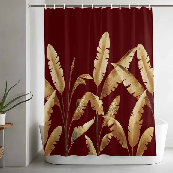 Shower Curtains for Bathroom-36"x72",Golden Tropical Leaves on Burgundy Red Waterproof Bath Curtain Grommet Shower Curtain Set with Hooks,
