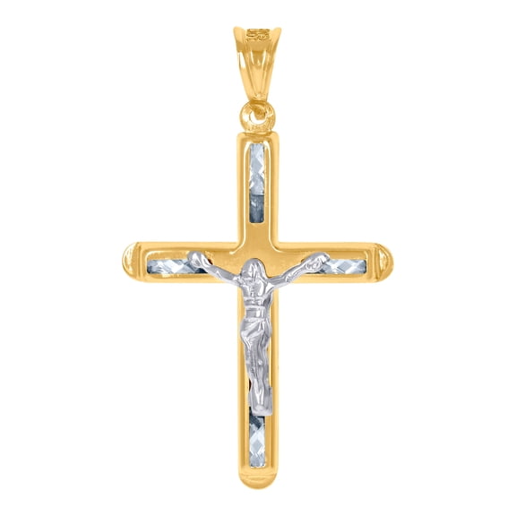 10k Two-tone Gold Mens Cubic Zirconia Crucifix Cross Religious Charm Pendant 40.9x23.7mm Wide Necklace for Men