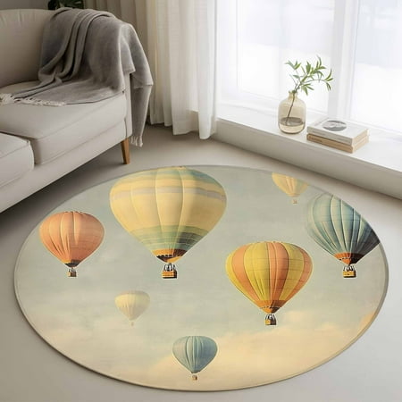 Vintage Hot Air Balloon Round Area Rug 3 FT Small Kitchen Bathroom Mats Modern Balloon Floating Washable Indoor Outdoor Throw Runner Carpet Non-Shedding Doormat for Table Shower Sofa Entryway