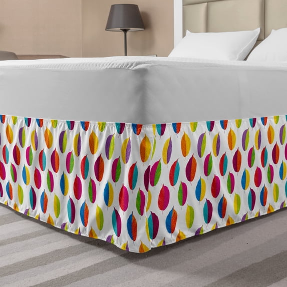 Autumn Bed Skirt, Colors Leaves Fall Season on Plain Background, Elastic Bedskirt Dust Ruffle Wrap Around for Bedding Decor, 4 Sizes, Multicolor, by Ambesonne