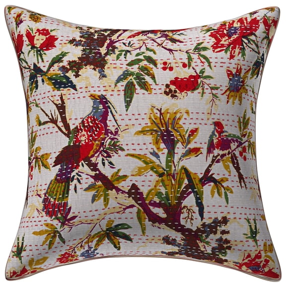 Stylo Culture Indian Settee Sofa Throw Pillow Cover 16 x 16 Kantha White Printed 40 x 40 cm Bedroom Decor Pillowcase Cotton Bird Floral Square Cushion Cover | 1 Pc