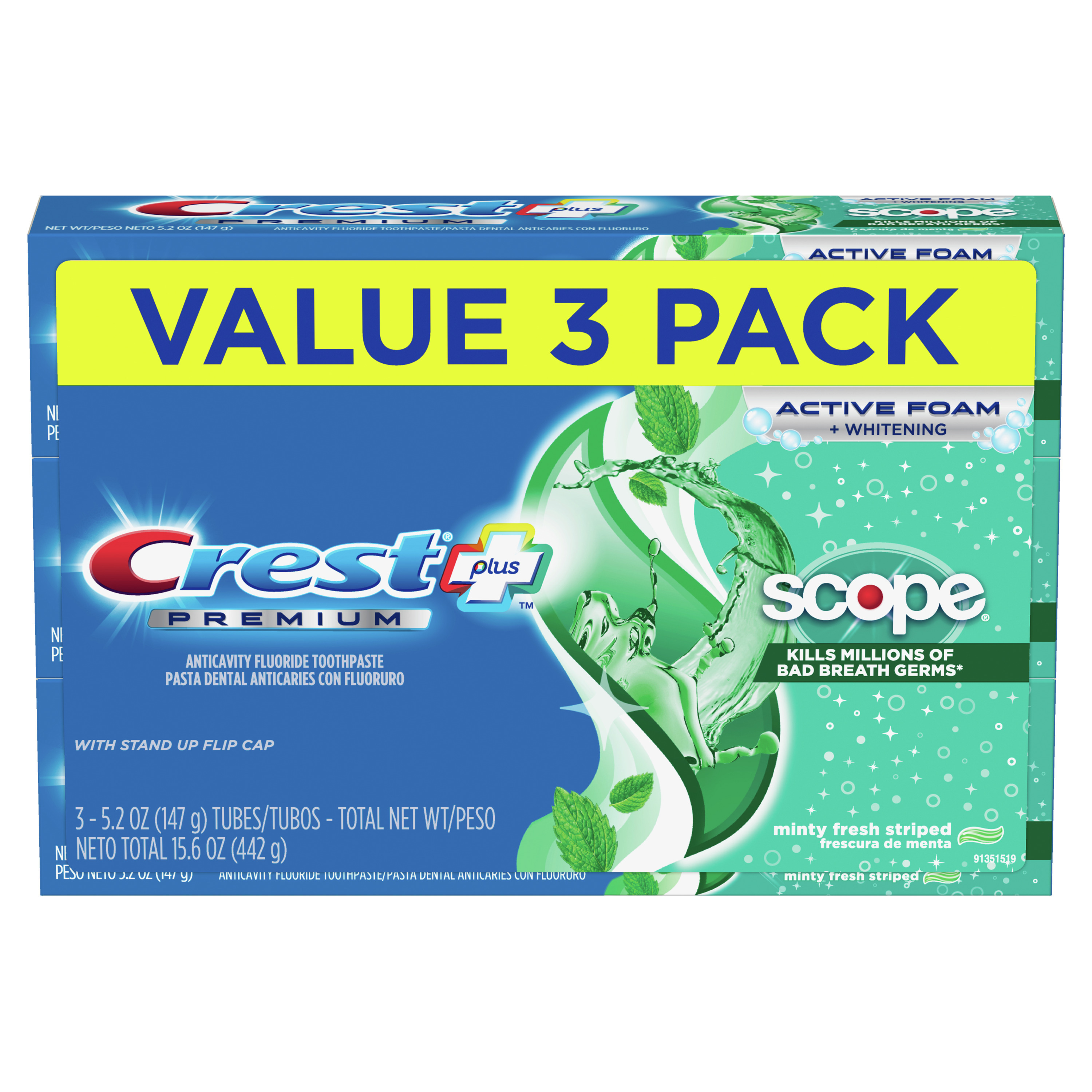 Crest Premium Plus Scope Toothpaste, Minty Fresh Flavor 5.2 oz, 3 Pk - image 8 of 9