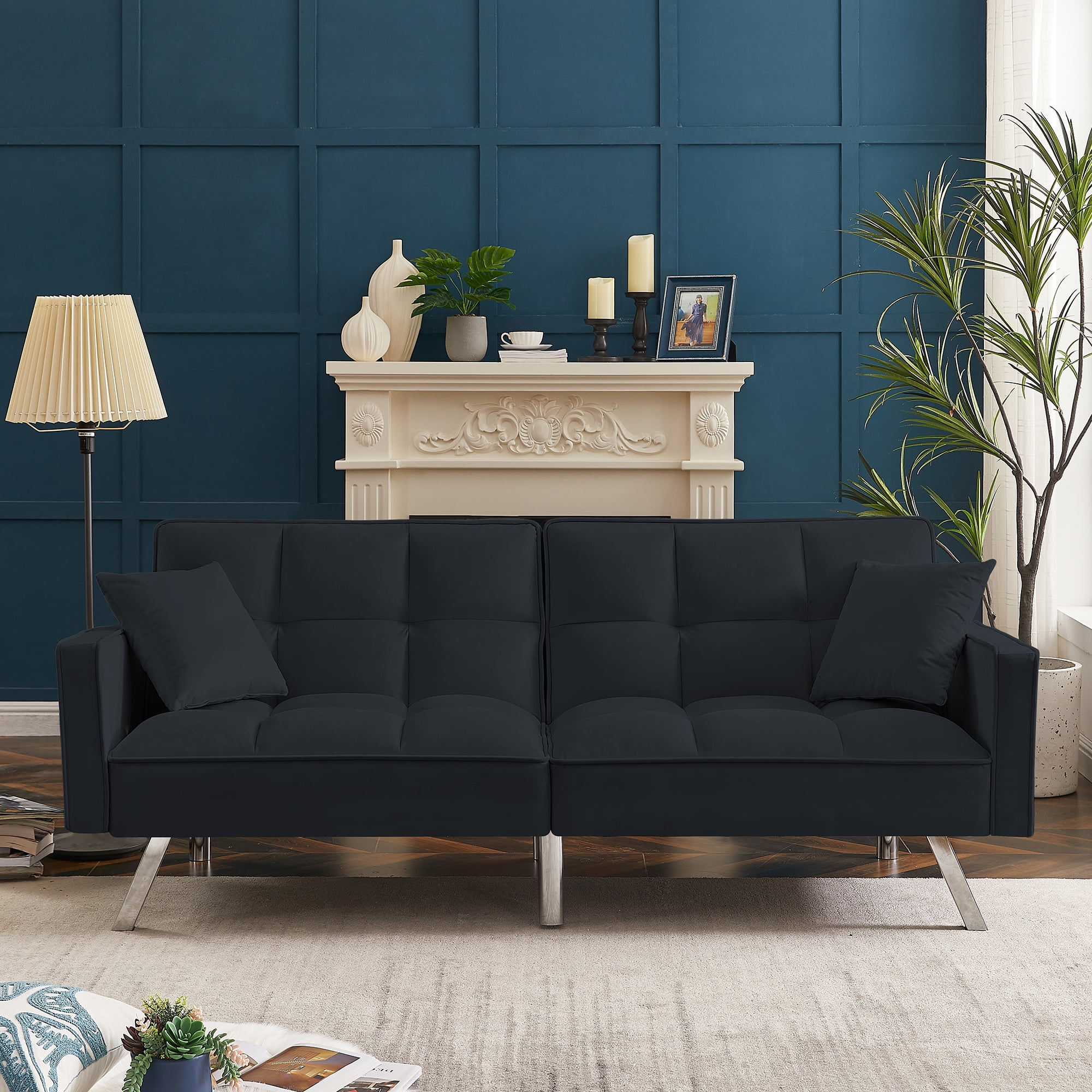 Kepooman Modern Convertible Velvet Futon Couch with 2 Pillows for Office Living Room Bedroom, Black Kepooman Modern Convertible Velvet Futon Couch with 2 Pillows for Office Living Room Bedroom, Black