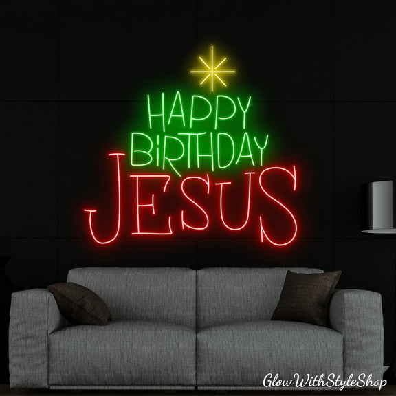 Glowneon Happy Birthday Jesus Neon Sign, Happy Birthday Led Sign, Snowflake Neon Light
