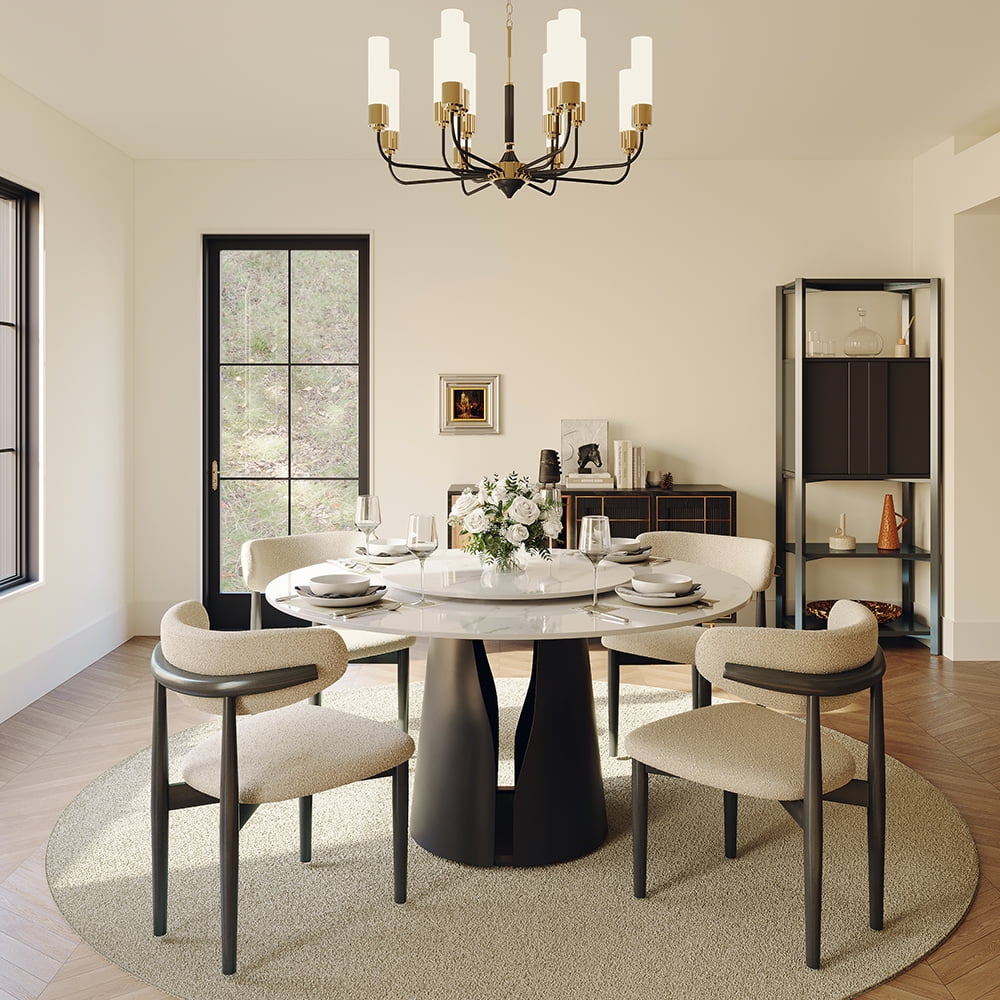 POVISON 59"Modern Round Black Kitchen Dining Table For 6 With Lazy Susan, Glossy Sintered Stone Tabletop, Solid Black Carbon Steel Base