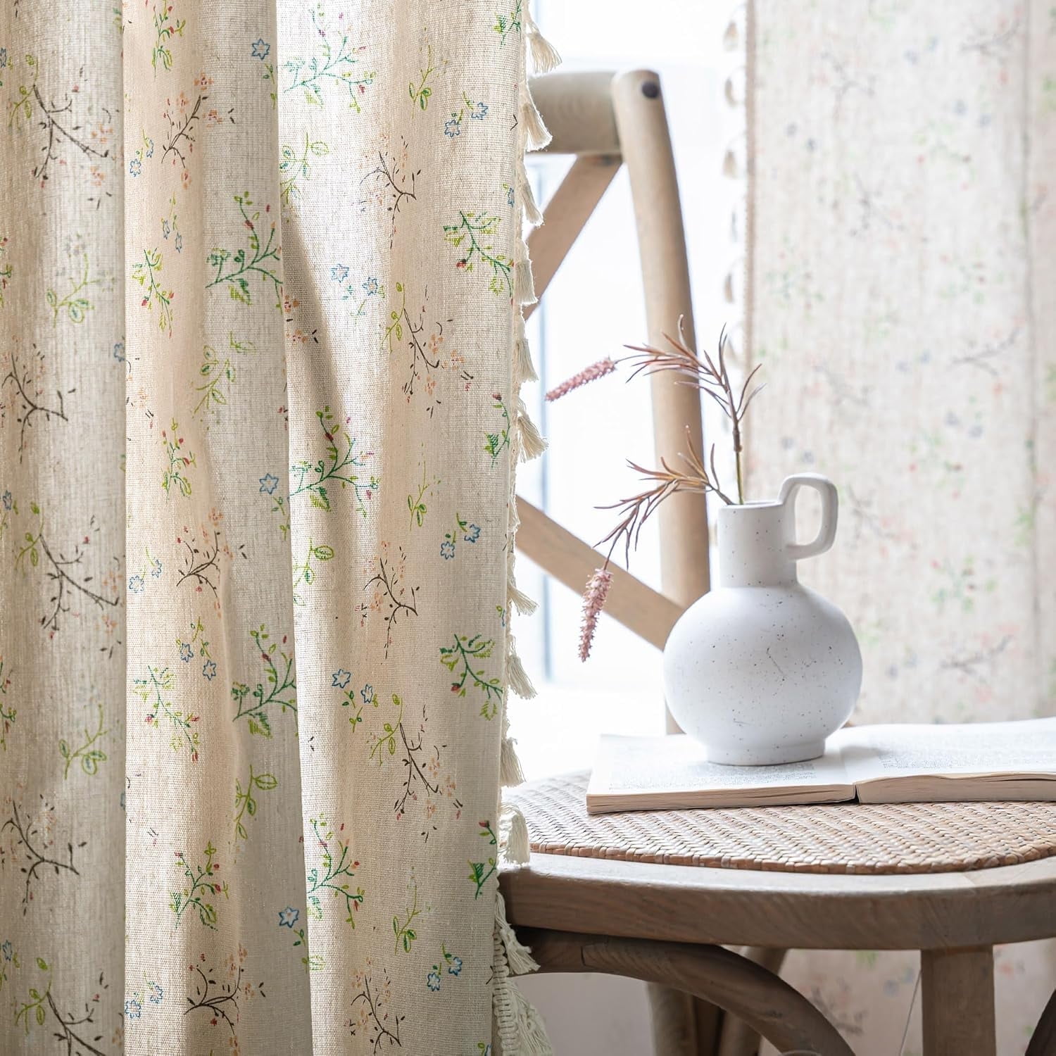 Psoiuetr Floral Farmhouse Curtains Semi Sheer Living Room Drapes Cotton Linen Bohemian Window Curtain Panels with Tassel Beige Rod Pocket Bedroom Drapes 1 Panel 52" W x 63" L