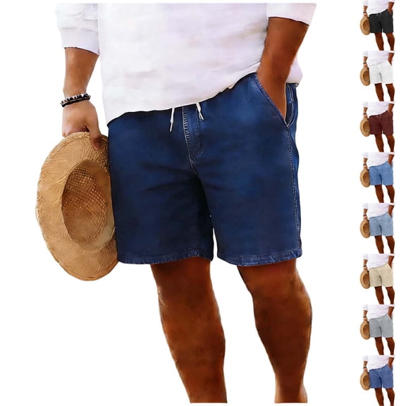 HVOBTTY Men's Summer Wide Leg Denim Shorts Solid Color Faux Denim Pocket Elastic Waist Loose Straight Casual